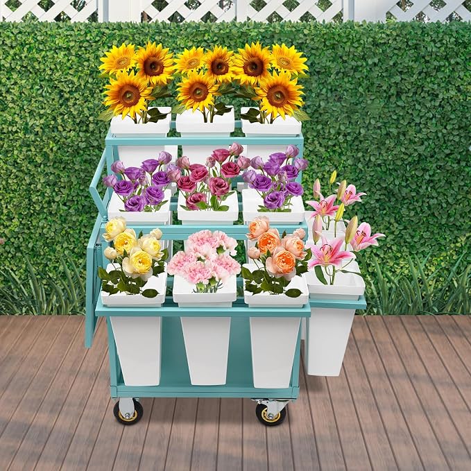 Flower Display Stand Cart With 18 Buckets Plant Rack Storage Organizer with - Image 2