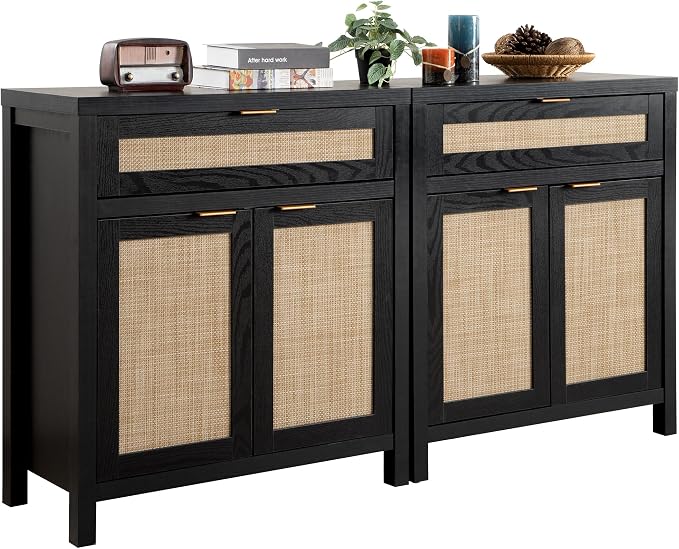 SICOTAS Sideboard Buffet Storage Cabinet Set of 2, Rattan Credenza Buffet Table by SICOTAS