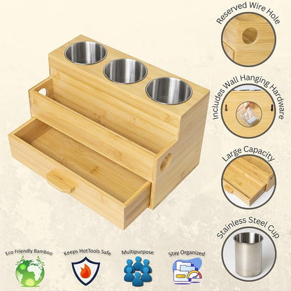 Hair Tool Organizer- Bamboo, Blow Dryer Holder, Bathroom Countertop, Vanity - Image 3