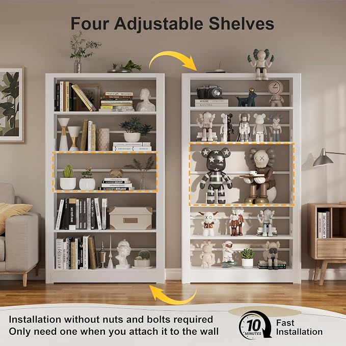Metal White Bookshelf, 5 Shelf Bookcase, Large Bookshelves and Bookcases - Image 4