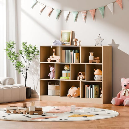 Cozy Castle Oak Bookshelf, 3-Tier Open Shelf Bookcase, 10 Cube Storage Organizer - Image 3