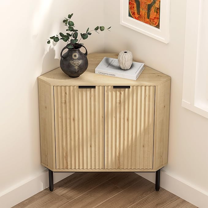 Fluted Corner Cabinet, Modern Small Corner Floor Cabinet by EYYTHUNG