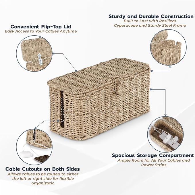 2-Pack Large Cable Management Box, Natural Rattan Cable Cord Organizer Boxes - Image 3