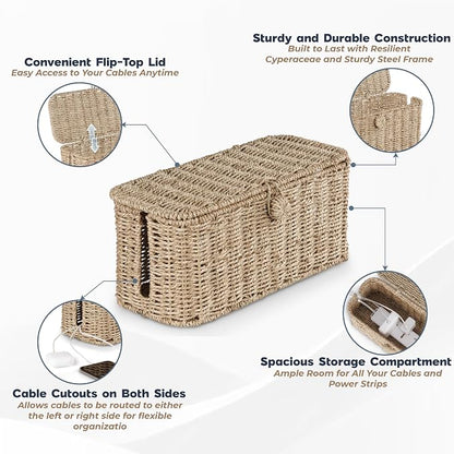 2-Pack Large Cable Management Box, Natural Rattan Cable Cord Organizer Boxes - Image 3