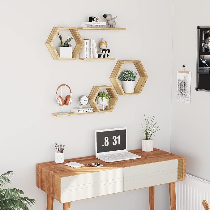 Wooden Hexagon Floating Shelves Wall Mounted - Image 4