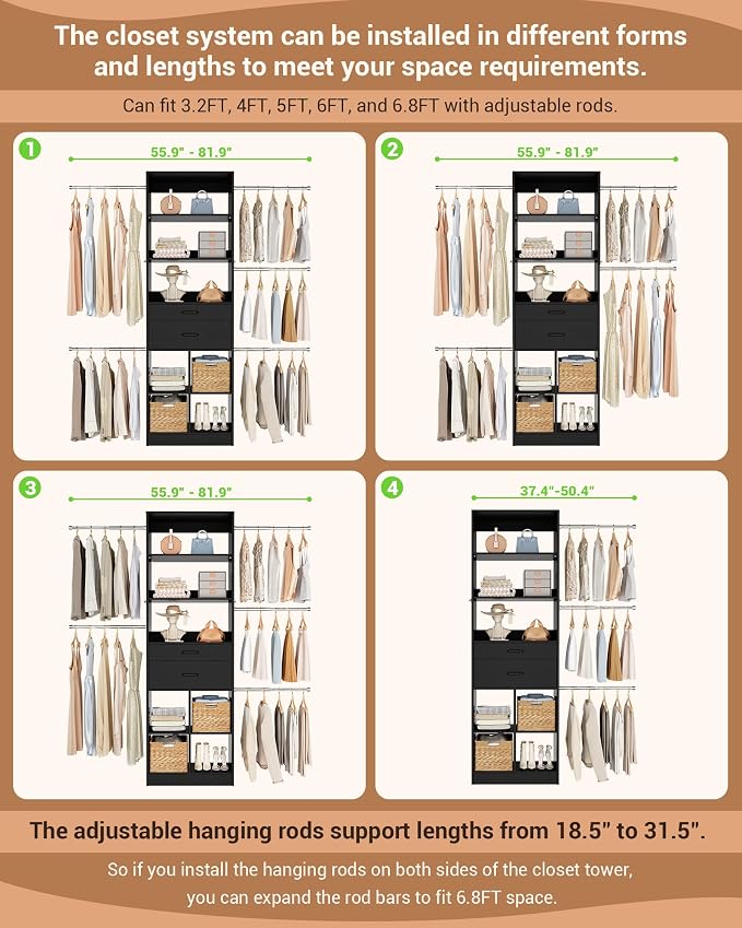 Besiost Small Closet System, 3.2-6.8FT Small Closet Organizer - Image 2