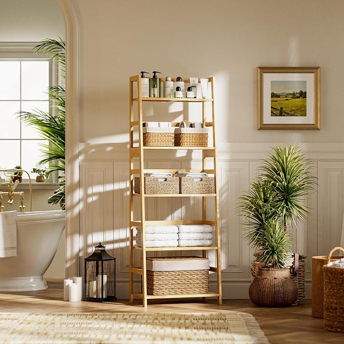 Ladder Shelf, 5-Tier Bookshelf, All Bamboo Heavy Duty Bookcase, Freestanding - Image 2