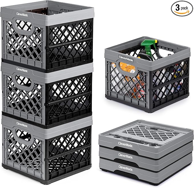 CleverMade Collapsible Milk Crate, 3PK - 25L Stackable Storage Bins by CleverMade