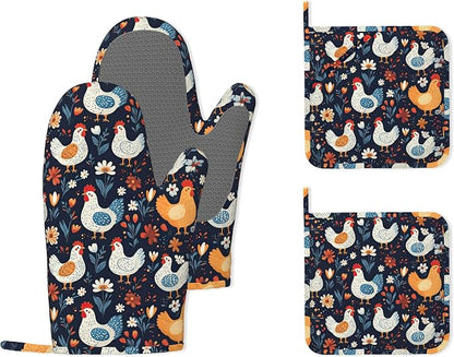Cute Roosters Hens Chicks Heat-Resistant Silicone Oven Mitts and Pot Holders by Unknown
