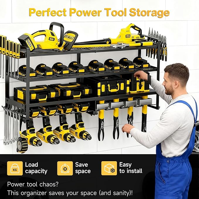 Heavy Duty 4-Tier Wall Mount Tool Rack, 8-Drill Holder & Charging Station - Image 3