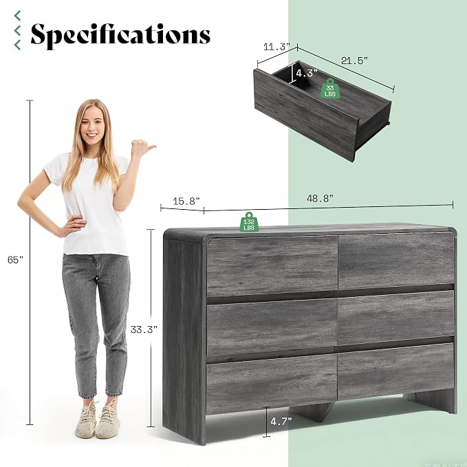 AMERLIFE 6 Drawer Dresser for Bedroom, Anti-Tip Kit, Wood Cabinet Organizer for - Image 3