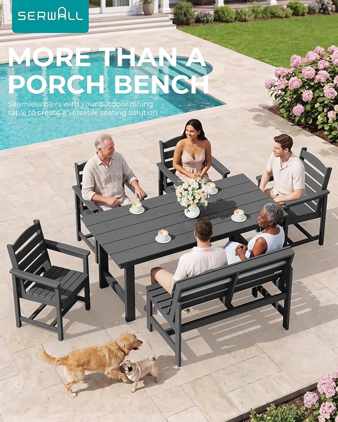 SERWALL Armless Outdoor Bench, All Weather HDPE Porch Bench, 2 Pack, Suitable - Image 4