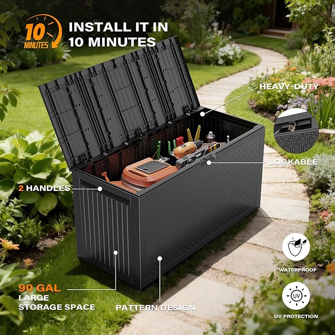 VINGLI 90 Gallon Outdoor Storage Box, Lockable Plastic Storage Containers - Image 5