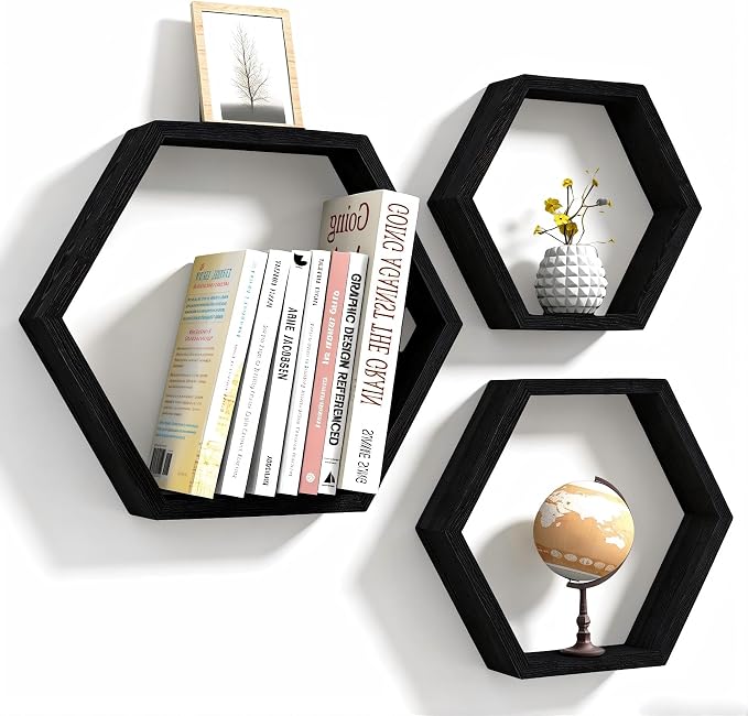CADUKE Hexagon Floating Shelves Set of 3, Wooden Honeycomb Shelves by CADUKE