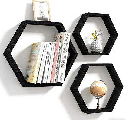 CADUKE Hexagon Floating Shelves Set of 3, Wooden Honeycomb Shelves by CADUKE