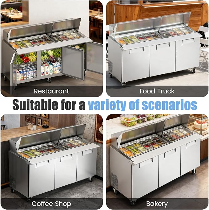 72" W Commercial Refrigerator Sandwich Salad Prep Table, Stainless Steel 3-Door - Image 8