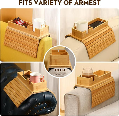 Bamboo Couch Arm Tray with Detachable Cup Holder, 2 in 1 Foldable Anti-Falling - Image 4