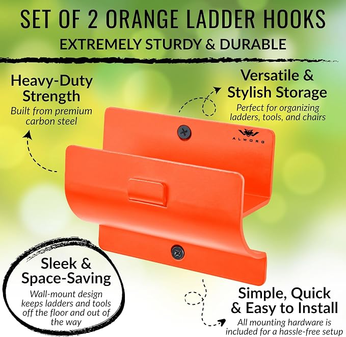 Ladder Hangers for Garage Wall Set of 2 Hooks- Orange Step Stool Hanger Wall - Image 2