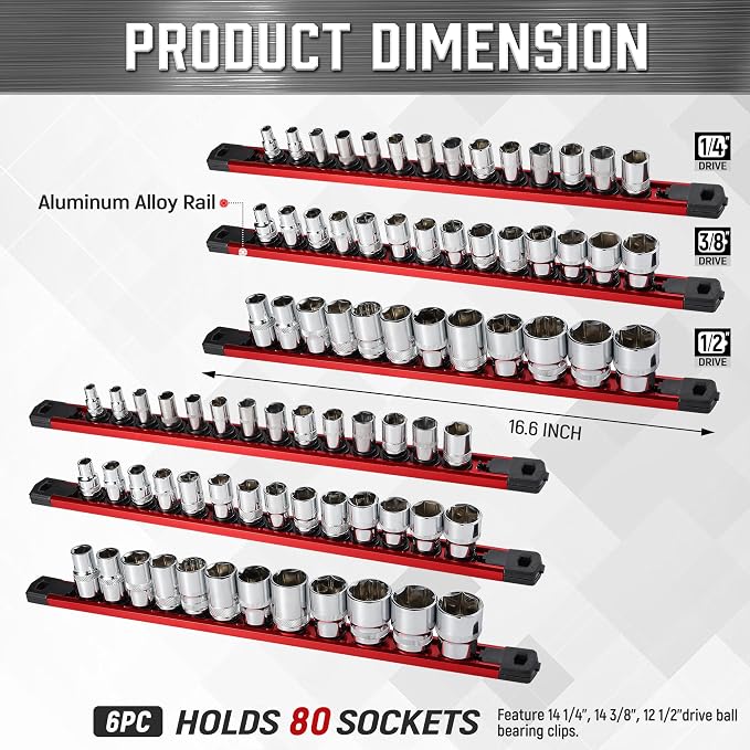ALOANES 6-Piece Magnetic Socket Organizer, Heavy Duty Aluminum Socket Rails - Image 2