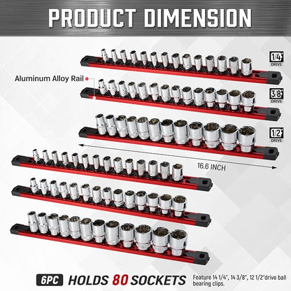 ALOANES 6-Piece Magnetic Socket Organizer, Heavy Duty Aluminum Socket Rails - Image 2