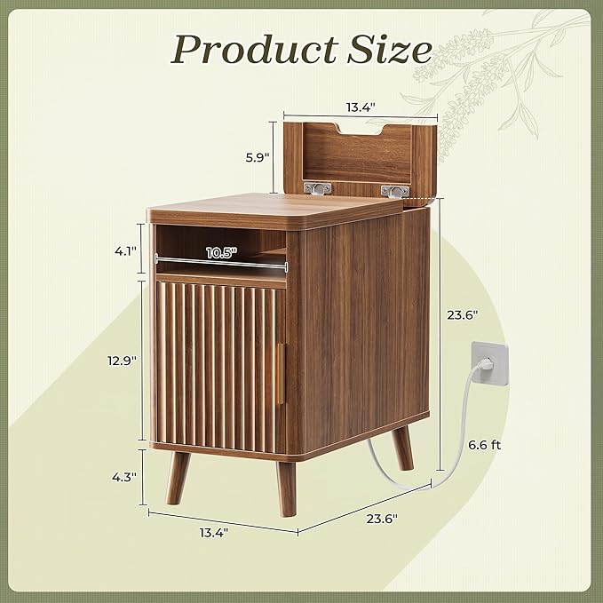 Huuger Narrow End Table with Charging Station, USB-C Port, Fluted Nightstand - Image 3
