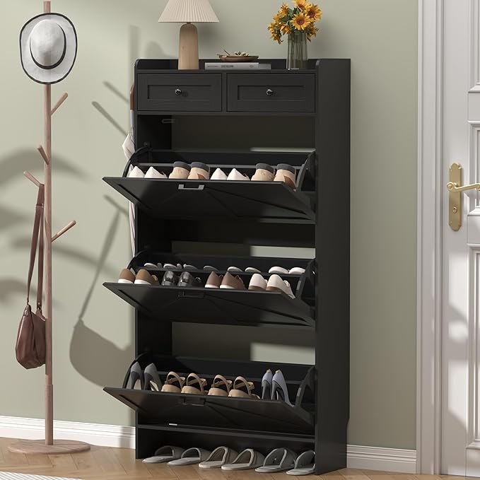 Thacuok Shoe Cabinet with 3 Flip Drawers & 2 Storage Drawers, Rustic Farmhouse - Image 3