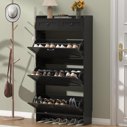 Thacuok Shoe Cabinet with 3 Flip Drawers & 2 Storage Drawers, Rustic Farmhouse - Image 3