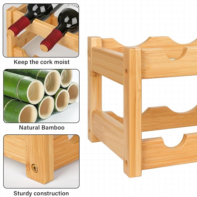 VASMIA Wine Rack, 2-Tier Bamboo Wine Racks Countertop Cabinet Wine Holder Wine - Image 3