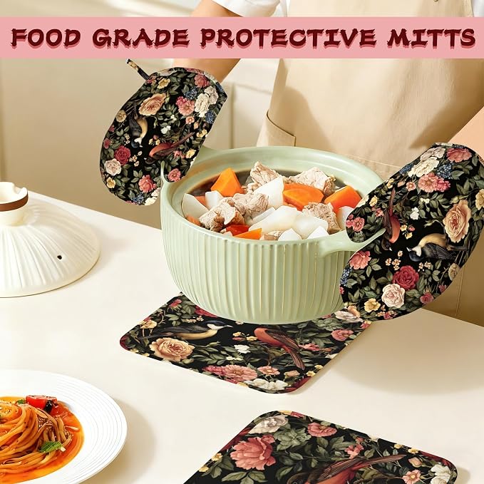 Vintage Rose Peony Floral Oven Mitts and Pot Holders, Bird Heat Resistant - Image 7