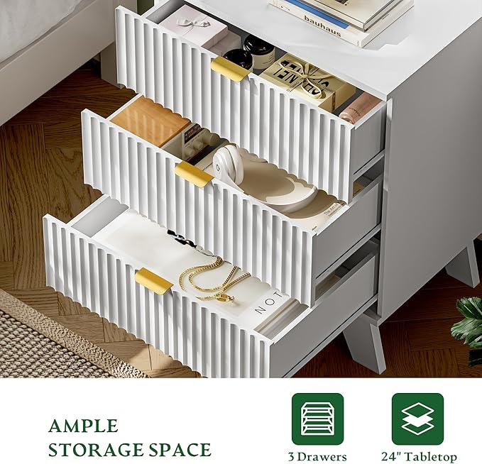 Fluted Nightstand with Charging Station, Modern Wood Side Table Night Stand - Image 5