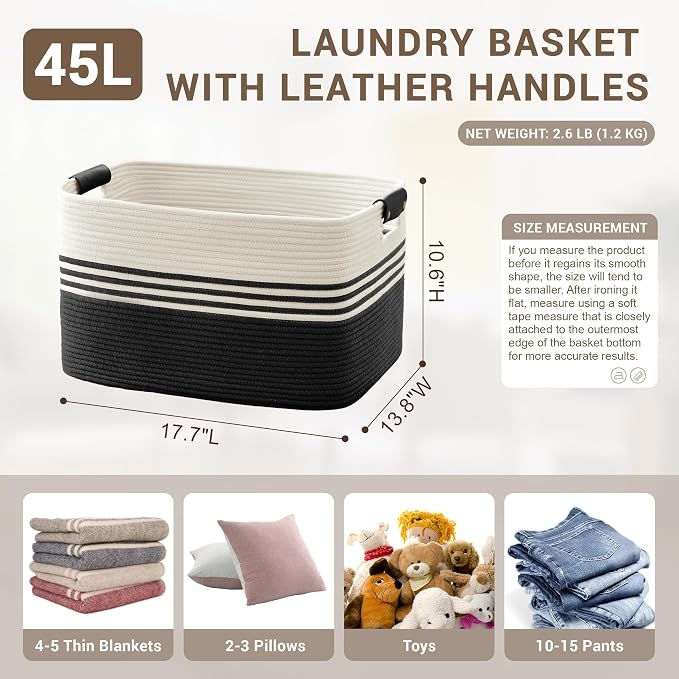 45L Small Laundry Basket with Leather Handles - Image 2