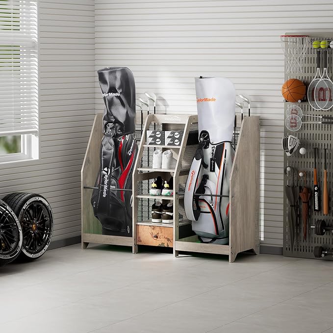 Golf Bag Storage Organizer for Garage, Premium Wooden 2 Golf Bags Rack - Image 9