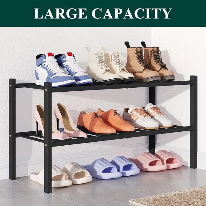 Smiry Bamboo Shoe Rack for Closet, 2 Tier Wooden Stackable Shoe Organizer - Image 5