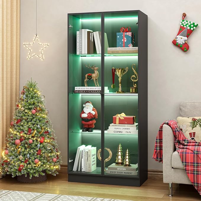 Display Cabinet with LED Lights, Display Case with 4-Tier Glass Shelves & 2 by ZORPLIX