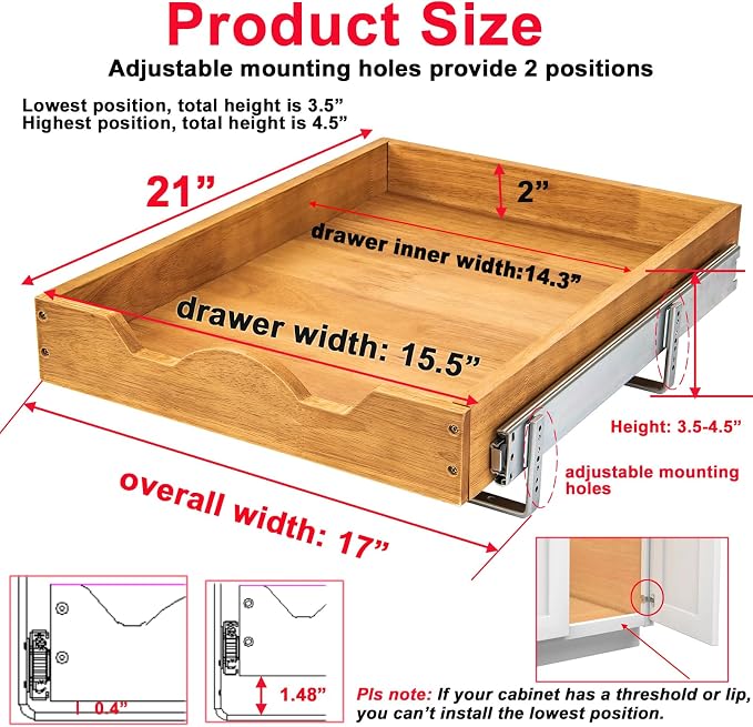 DINDON 1 Tier Pull Out Cabinet Organizer Single Tier Heavy Duty Slide Out Wood - Image 2