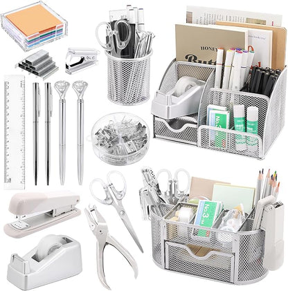 17 in1 Silvery Desk Organizers and Accessories Set, 3 Office Desk Supplies by Froidesente