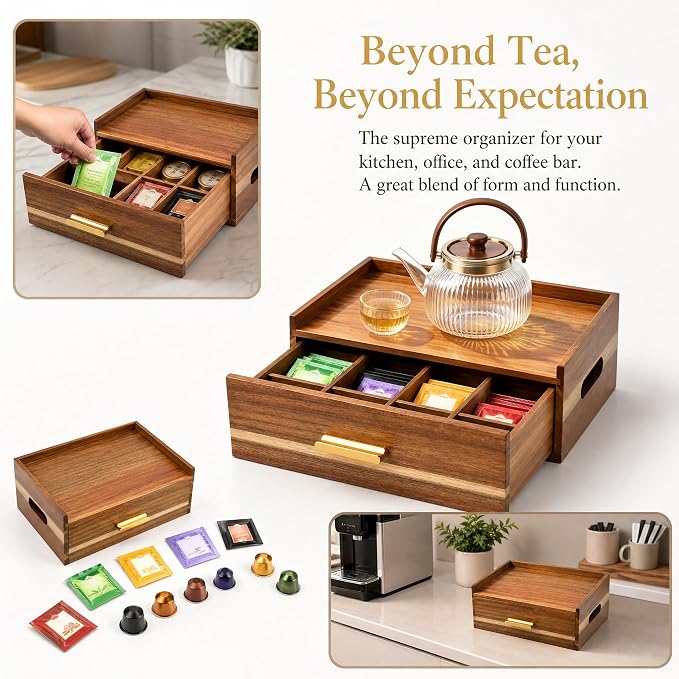 Acacia Wood Tea Bag Organizer 8 Compartment Storage Box & Organizer - Image 4