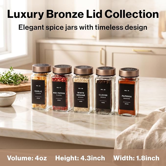 EDELHAUS Glass Spice Jars with Label, 24x Champagne Bronze Steel Lids | - Image 2