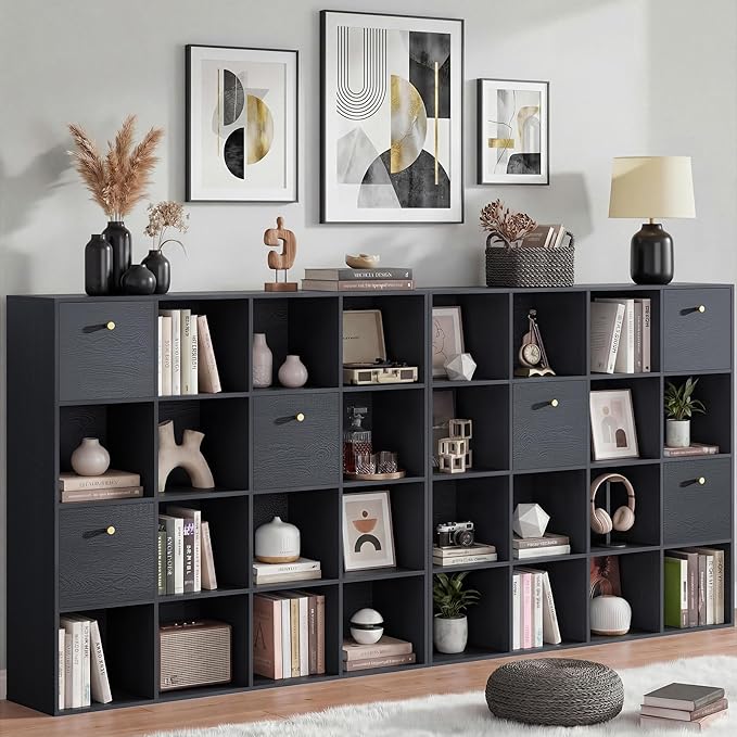 Black Cube Storage Organizer, 16 Open Cubes Bookshelf by Odeekea