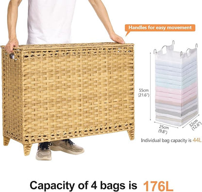 Laundry Hamper with 4 Removable Liner Bags; 176L Handwoven Rattan Laundry - Image 4