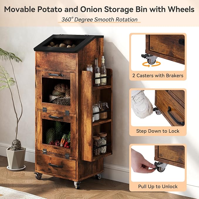 Verano Garden 16.0" Potato and Onion Storage Bin on Wheels, Bread Box | Fruit - Image 5