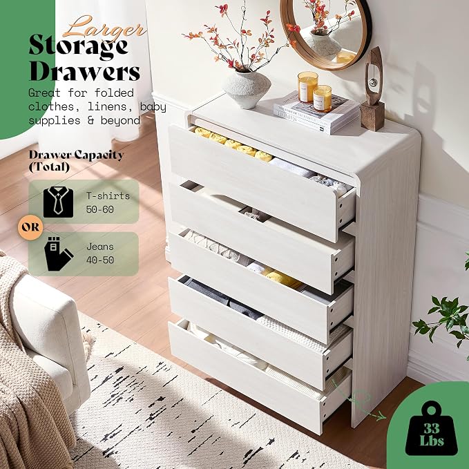 AMERLIFE 5 Drawer Dresser for Bedroom, Anti-Tip Kit, Wood Cabinet Organizer for - Image 3