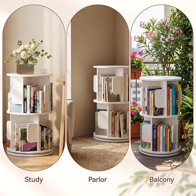 2-Tier 360° Rotating Bookshelf, Round Floor Standing Bookcase - Image 6