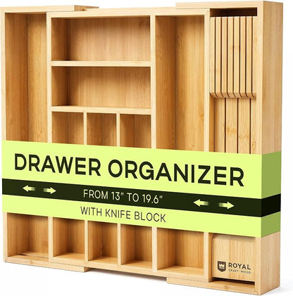 Drawer Organizer for Kitchen Organization – Expandable Bamboo Silverware Drawer by ROYALCRAFTWOOD