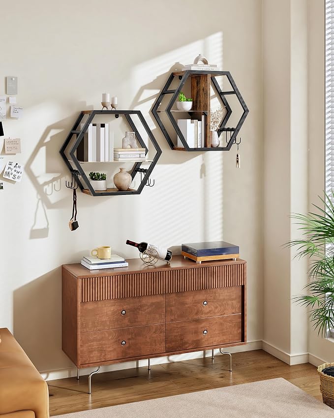 Hexagon Floating Shelves Set of 2, Glass Hanging Shelves - Image 7