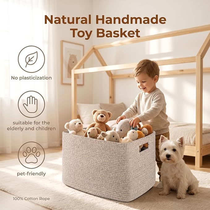 OIAHOMY 75L Large Blanket Basket, 22”x17”x12” Woven Cotton Rope Storage Basket - Image 5