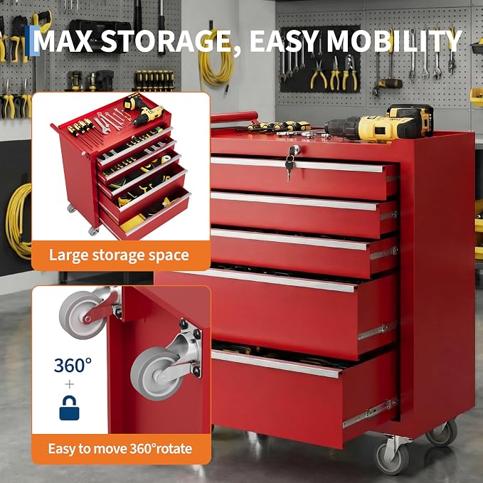 Garvee Rolling Tool Chest, 5 Drawers Tool Storage Cabinet, Toolbox - Image 4