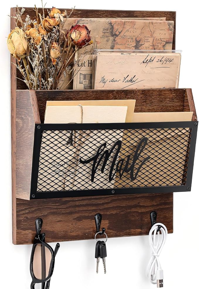 Yalikop Farmhouse Mail Organizer Wall Mounted Rustic Mail Holder Hanging Key by Yalikop