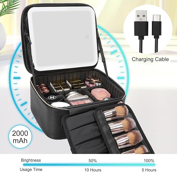 Relavel Travel Makeup Bag With LED Mirror, Cosmetic Train Case with Light up - Image 4