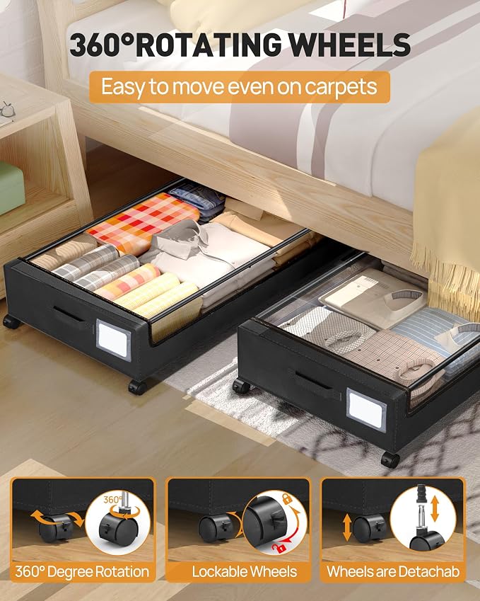 Under Bed Storage With Wheels, 2 Pack Square Containers, 60L Bins, Rolling - Image 2